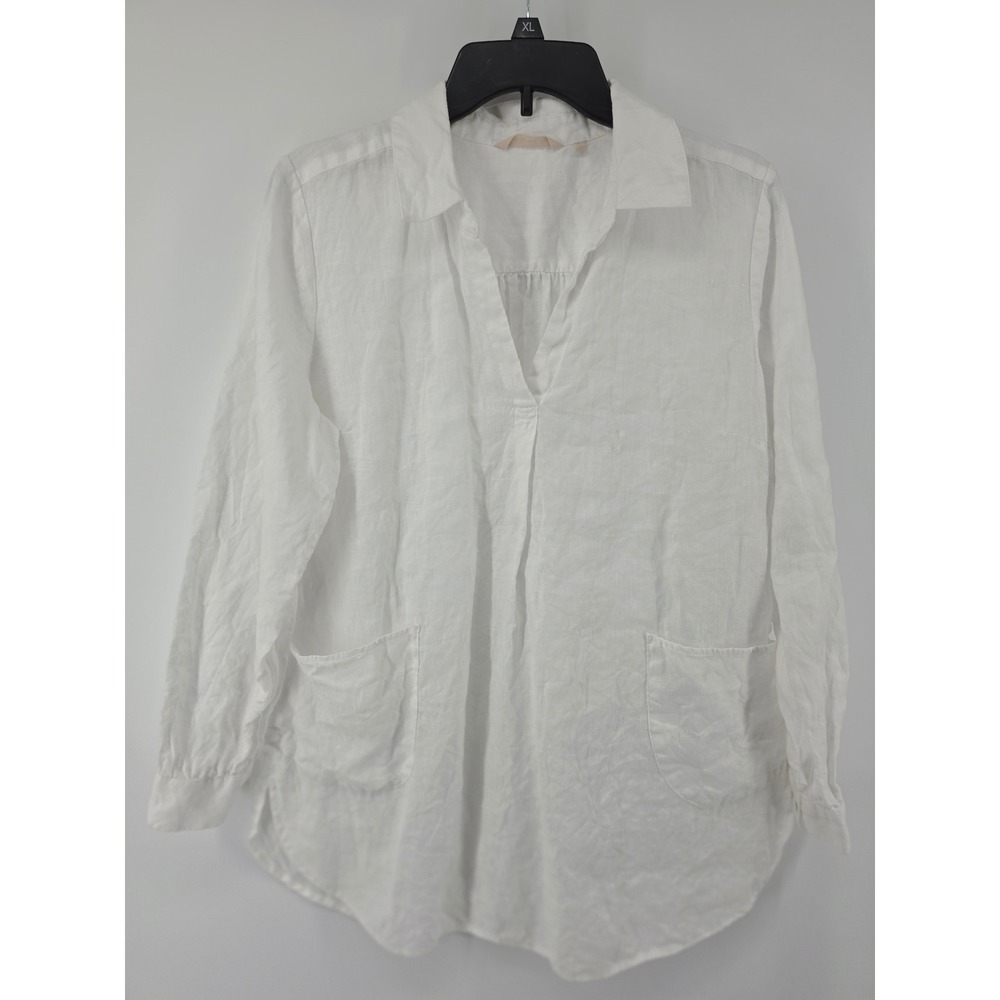 Soft Surroundings White 100% Linen Tunic Blouse V-Neck Pocket Top Large